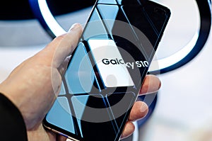 Kyiv, Ukraine - April 12, 2019: Samsung Galaxy S10 Plus in the hand