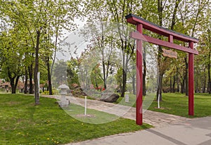 KIEV, UKRAINE: Red torii in a stylized Japanese square