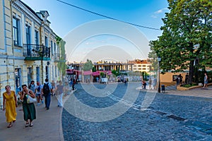 KYIV, UKRAINE, AUGUST 28, 2019: Colorful houses at Andriyivsky Uzviz street in Kiev, Ukraine