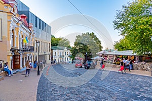 KYIV, UKRAINE, AUGUST 28, 2019: Colorful houses at Andriyivsky Uzviz street in Kiev, Ukraine