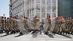 Kyiv, Ukraine - August 24, 2014: Military men marching during the parade of the Independence Day of Ukraine on the main square of