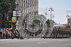 Kyiv, Ukraine - August 24, 2014: Military men marching during the parade of the Independence Day of Ukraine on the main square of