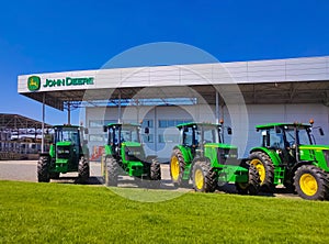 Kyiv, Ukraine - August 24, 2020: The Powerful tractors at John Deer store at Kyiv, Ukraine