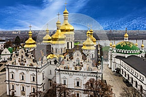 Kyiv, Ukraine. Cupolas of Pechersk Lavra Monastery