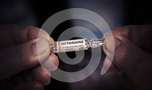 KYIV, UKRAINE-DECEMBER, 2019: Injection of Methadone Medical Glass Ampoule.