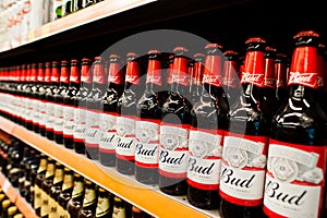 Kyiv, Ukraine - December 19, 2018: Bud beer bottles on shelves in a supermarket. Budweiser is an American-style pale lager