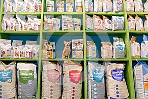 KYIV, UKRAINE - 08.16.2020 Dog wait a pet owner for shop a pet food Dog, Cat and other on pet goods shelf in pet shop.