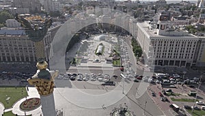 Kyiv. Ukraine: Independence Square, Maidan. Aerial view, slow motion, flat, gray