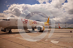 KYIV, UKRAINE - JULY 08, 2020: DHL Plane LZ-CGT CARGO AIR BOEING 737-400F standing at the airport. Copy space
