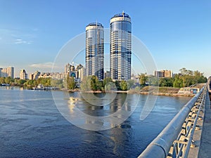 Kyiv, Ukraine-March 21, 2022: Residential complex Sunny riviera. Two modern luxury skyscrapers against blue sky. Concept of modern