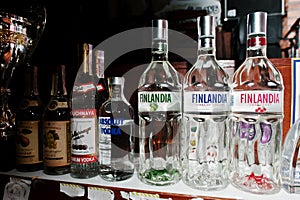 KYIV, UKRAINE - MARCH 25, 2016: Various alcoholic beverages bott