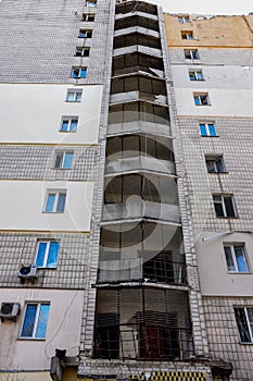 Kyiv, Ukraine, 17 March 2022: War of Russia against Ukraine. A residential building damaged by enemy aircraft in Ukrainian capital