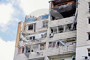 Kyiv, Ukraine, 17 March 2022: War of Russia against Ukraine. A residential building damaged by enemy aircraft in Ukrainian capital