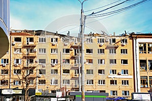 Kyiv, Ukraine, 15 March 2022: War of Russia against Ukraine. A residential building damaged by enemy aircraft in Ukrainian capital