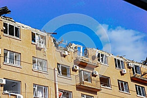 Kyiv, Ukraine, 17 March 2022: War of Russia against Ukraine. A residential building damaged by enemy aircraft in Ukrainian capital