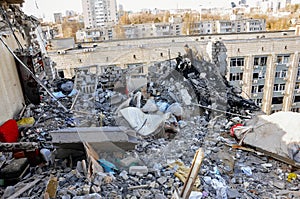 Kyiv, Ukraine, 17 March 2022: War of Russia against Ukraine. A residential building damaged by enemy aircraft in Ukrainian capital