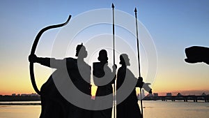 Kyiv, Ukraine - a monument to the founders of the city in the morning at dawn. Aerial