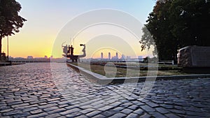 Kyiv, Ukraine - a monument to the founders of the city in the morning at dawn. Aerial