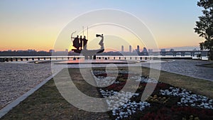 Kyiv, Ukraine - a monument to the founders of the city in the morning at dawn. Aerial