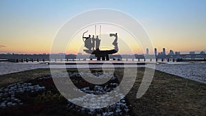 Kyiv, Ukraine - a monument to the founders of the city in the morning at dawn. Aerial