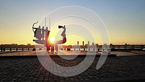 Kyiv, Ukraine - a monument to the founders of the city in the morning at dawn. Aerial