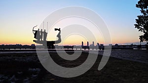 Kyiv, Ukraine - a monument to the founders of the city in the morning at dawn. Aerial