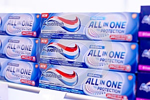 Kyiv, Ukraine - November 28, 2019: Aquafresh toothpaste for sale