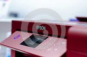 Kyiv, Ukraine - September 28, 2019: Close-up of Epson logo