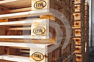 Kyiv, Ukraine - September 20, 2019: Close up of Piles of EPAL pallets