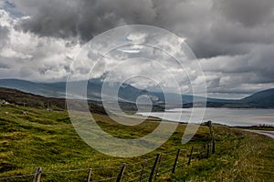 Kyle of Durness under heavy rain clouds, Scotland.