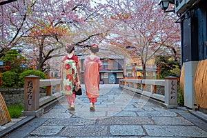 Young Japanese Maiko girls at Tatsumi bashi bridge Kyoto, Japan.