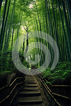 Kyoto Japan Bamboo Forest path. generative ai