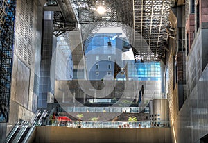 Kyoto, Japan - 24 July 2016. Major railway station and transportation hub in Kyoto. Modern style architecture of Kyoto, main hall.