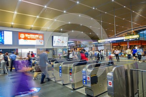 KYOTO, JAPAN - JULY 05, 2017: People hurry at Keihan Railway Station in Kyoto, Japan. Keihan Railway company was founded