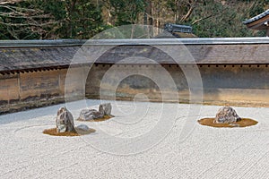 The Kare-sansui dry landscape zen garden at Ryoan-ji Temple in Kyoto, Japan. It is part of Historic