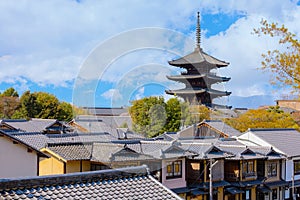 Kyoto, Japan - March 30 2023: The Yasaka Pagoda known as Tower of Yasaka or Yasaka-no-to. The 5-story pagoda is the last