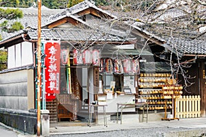 Small japanese buddhist shrine entrance and facade in Kyoto