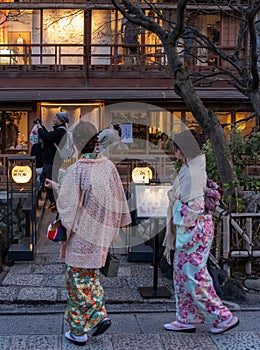 Japanese Girls In Kimono, Gion District, Kyoto, Japan