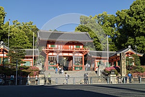 Kyoto, Japan - May 18, 2017: Main gate of the Yasaka jinja shrine in Kyoto
