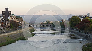 Kyoto, Japan-November 16, 2019: Kamo river in Kyoto viewed from Shijo bridge in the morning