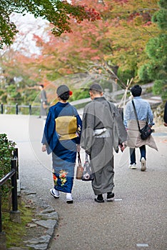 Japanese girl in kimono dress at Kiyomizu temple  in Kyoto, Japan