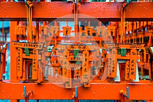 Torii gates model was hanging on rack after tourist used them for make a wish at Fushimi Inari shrine, Kyoto.