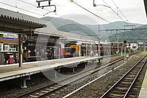 Kyoto, Japan - October 4, 2016: Sagano Scenic Railway at Saga-Arashiyama Station, Kyoto, Japan