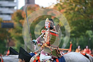 Tomoe Gozen a female samurai from the 12th century. Jidai Festival. Kyoto. Japan