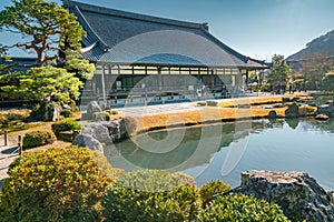 Kyoto, Japan - 12.02.2017: People walking by the Tenryu-ji temple in Arashiyama district