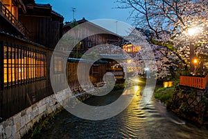 Kyoto, Japan at the Shirakawa River in the Gion District during