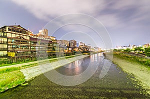 Kyoto, Japan. Sunset view of cityscape along river