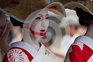 KYOTO - JULY 24: Unidentified Maiko girl (or Geiko lady) on parade of hanagasa in Gion Matsuri (Festival) held on July 24 2014 in