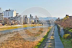 Kyoto Kamo river Kamogawa river side view, Kyoto, Japan