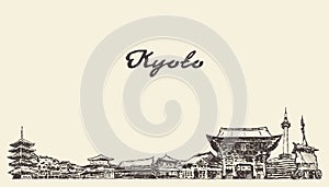 Kyoto skyline, Japan vector city drawn sketch